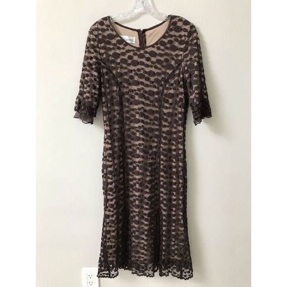 Sara Campbell Womens Shift Midi Dress Brown Geometric Lace 3/4 Sleeve Ruffle 12 - Picture 1 of 9